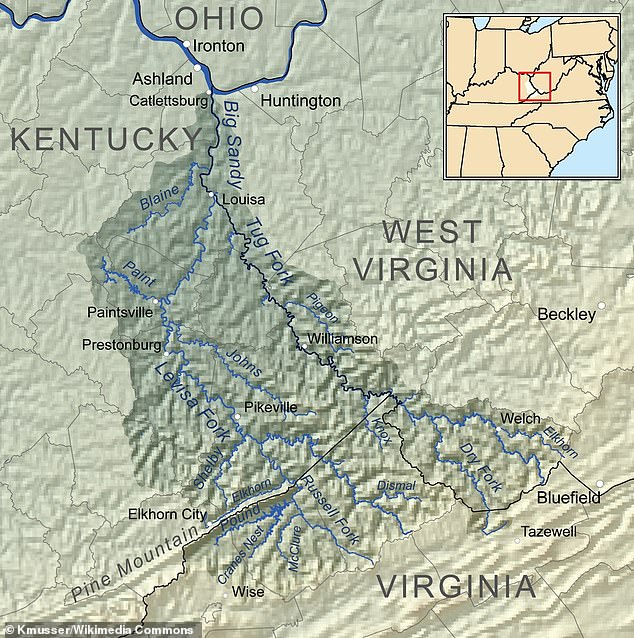 This map shows roughly where the skirmishes between the Hatfields and the McCoys took place. The Hatfields lived mainly east of the Tug Fork River, while the McCoys lived mainly west of it