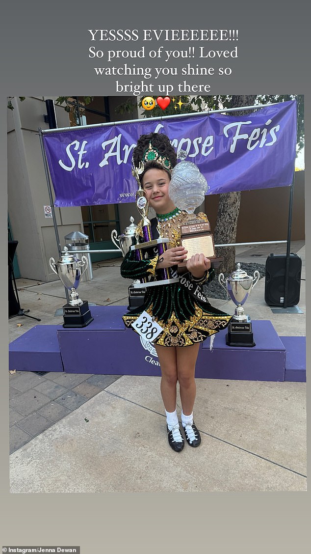 She shared two photos of her fleet-footed daughter and wrote: 'YESSSS EVIEEEEEE!!! So proud of you!! I loved seeing you there shining so brightly.”