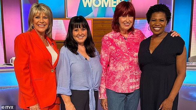 Meanwhile, long-running presenter Ruth Langsford, who appeared in episode two, was also spotted in a glittering wrap dress with cap sleeves (pictured with Coleen Nolan, Janet Street Porter and Brenda Edwards)