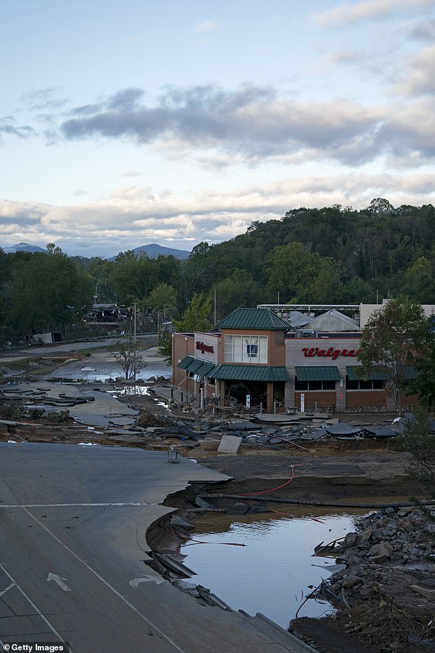 Flood-damaged road is seen in the aftermath of Hurricane Helene