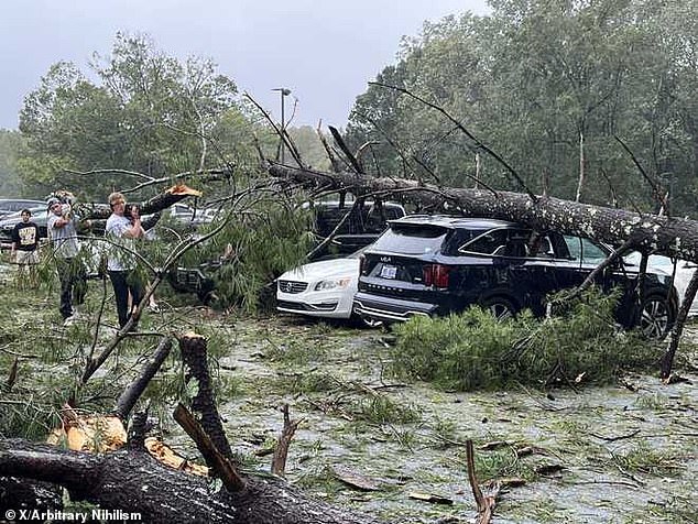 Other photos circulating on social media show shocking shots of the devastation, with downed power lines and fallen trees blocking roads and crushing vehicles