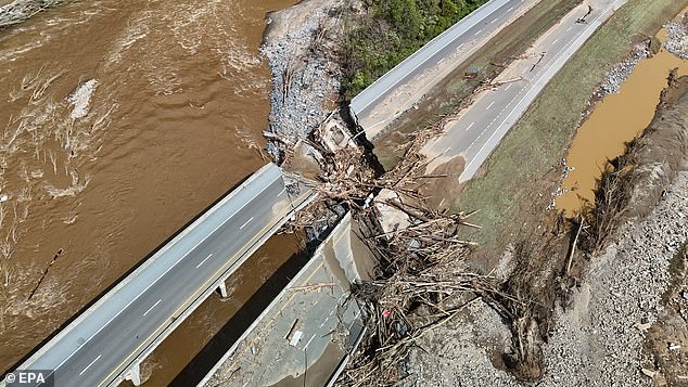 Flooding and damage caused by the storm that started as Hurricane Helene and covered the streets of Erwin, Tennessee