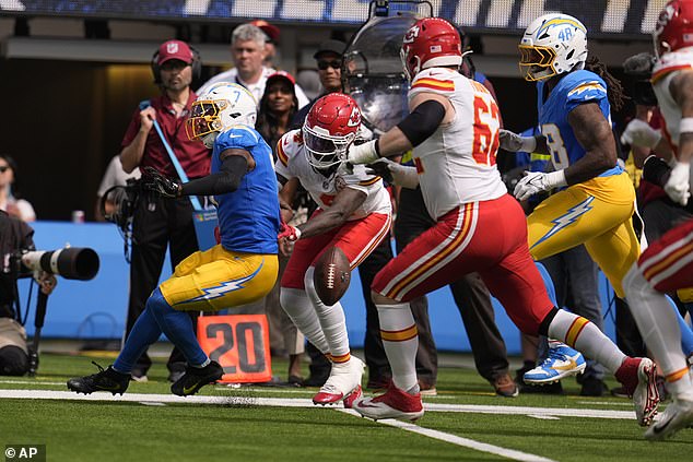 The wideout stripped the ball from Kristian Fulton before being hit by Patrick Mahomes