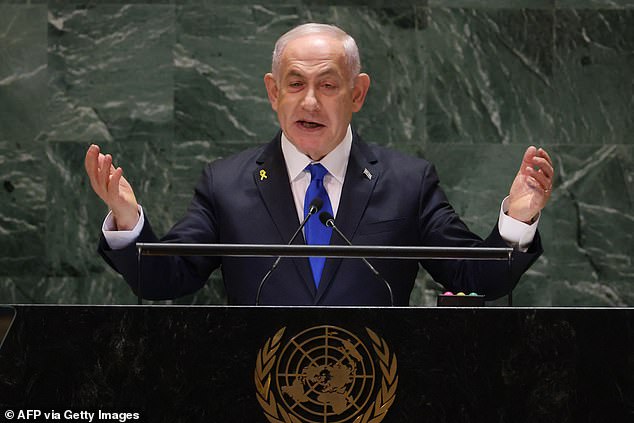 Israeli Prime Minister Benjamin Netanyahu speaks during the 79th session of the United Nations General Assembly at their headquarters in New York City on September 27