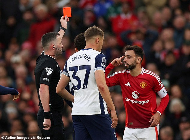 Two of Tottenham's goals came after United captain Bruno Fernandes (right) was sent off