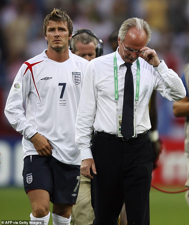 Sven is pictured with David Beckham during the 2006 World Cup quarter-final between England and Portugal;