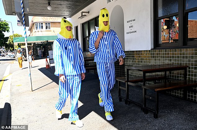 Carter Michael and Henry Smith came in blue and white striped pajamas as B1 and B2