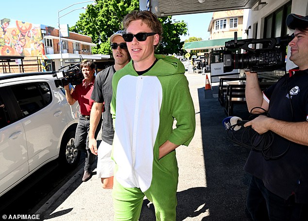 Young gun Jaspa Fletcher was all smiles as he arrived in a frog onesie