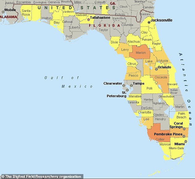 A map showing the number of Bigfoot sightings in Florida. Yellow colored areas indicate fewer observations, while orange areas indicate more observations