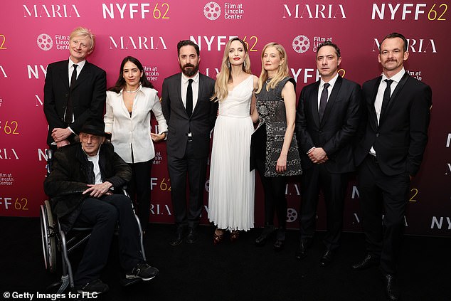 (L-R) Guy Hendrix Dyas, Ed Lachman, Sofía Subercaseaux, Pablo Larraín, Jolie, Alba Rohrwacher, Juan de Dios Larraín and Jonas Dornbach