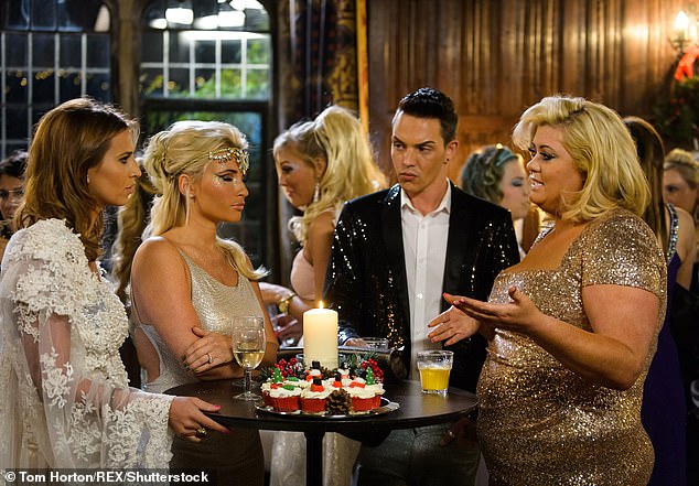 Ferne shot to fame in 2013 when she joined the cast of The Only Way Is Essex (pictured, left, with Billie Faiers, Bobby Norris and Gemma Collins in 2014)