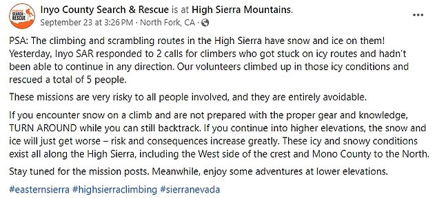 In a post on Facebook on September 23, Inyo County Search & Rescue made it clear that the risky rescue was 'completely avoidable'