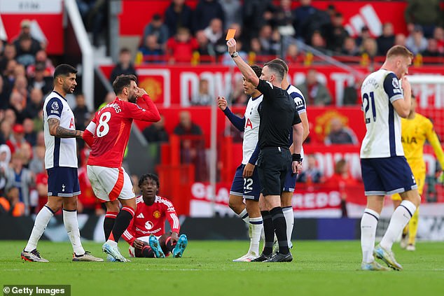 Ferdinand criticized Bruno Fernandes' (centre left) send-off against Spurs as 'p*** poor'