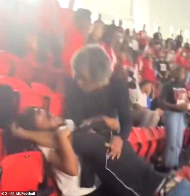 Another spectator grabbed a man around the neck with a headlock before he tumbled