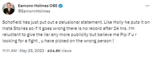 Eamonn later described the statement as 'delusional', adding: 'Believe me Pip, if you're looking for a fight you've picked the wrong person'