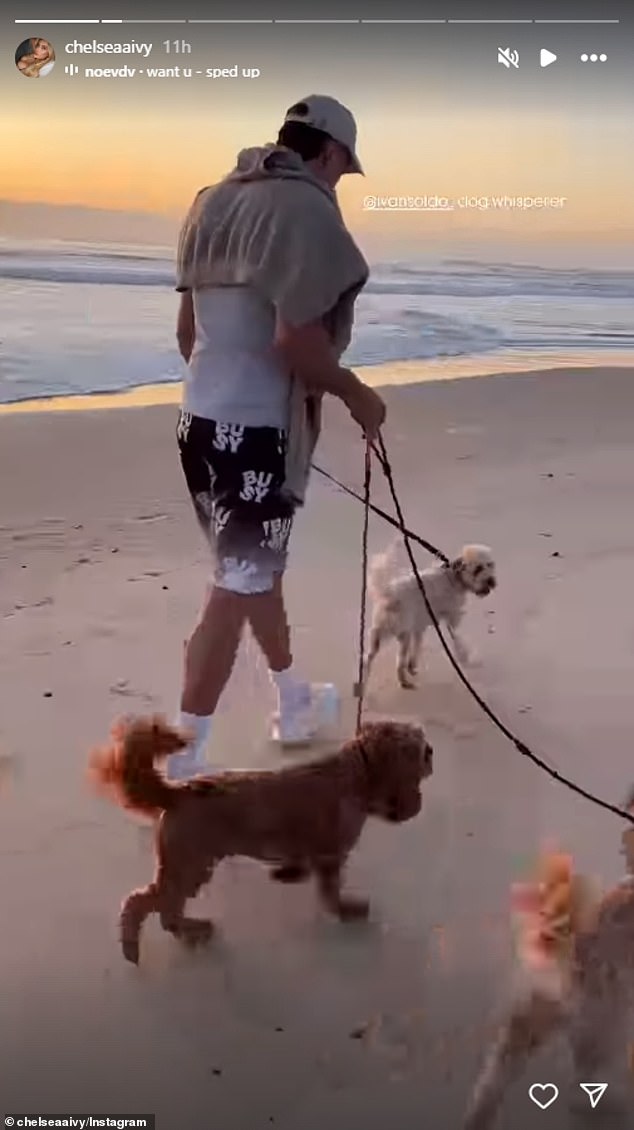 She also posted a video of her boyfriend Ivan Soldo taking a dog walk along the beach