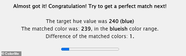 A box will appear at the top of the screen to show you how you did. It tells you the target shade value, the corresponding color and the difference between the two