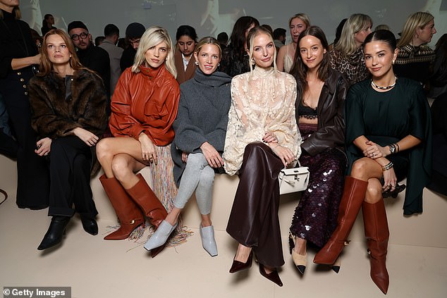 L-R: Nadine Leopold, Devon Windsor, Helena Bordon, Leonie Hanne, Charlotte Groeneveld and Paola Alberdi also attended the fashion event in the French capital