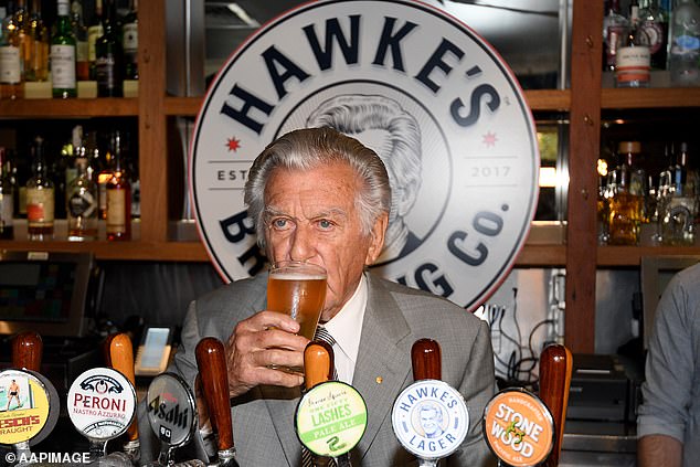 Former Prime Minister and Labor hero Bob Hawke at the craft brewery named after him in Sydney