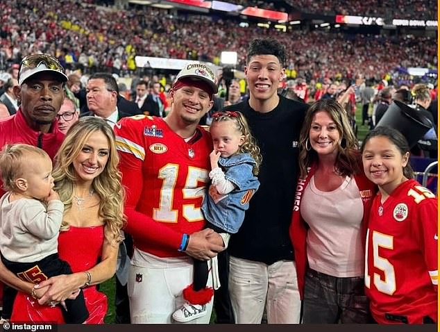 From left to right: Patrick “Bronze” Lavon Mahomes III, Patrick Sr., Brittany, Patrick Jr., Sterling, Jackson, Randi and Mia watch the Chiefs' Super Bowl win over the San Francisco 49ers