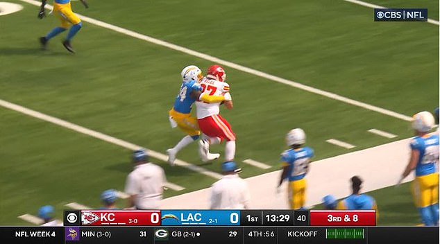 Kelce was tackled by Chargers' safety AJ Finley after his 38-yard reception for the Chiefs