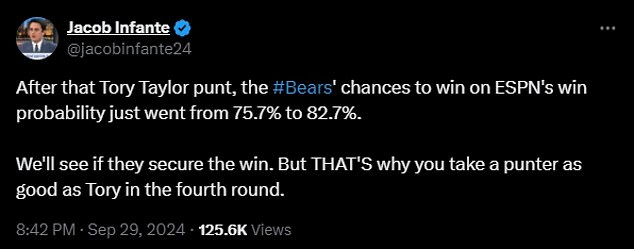 After his monumental fourth-quarter kick, ESPN reportedly increased the Bears' odds of winning from 75.7 percent to 82.7 percent