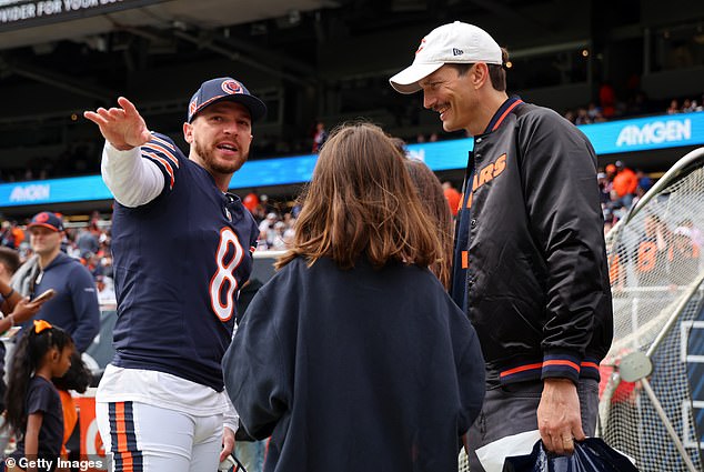 The couple certainly seemed happy at the game, posing on the sidelines and later chatting with Bears players like kicker Cairo Santos