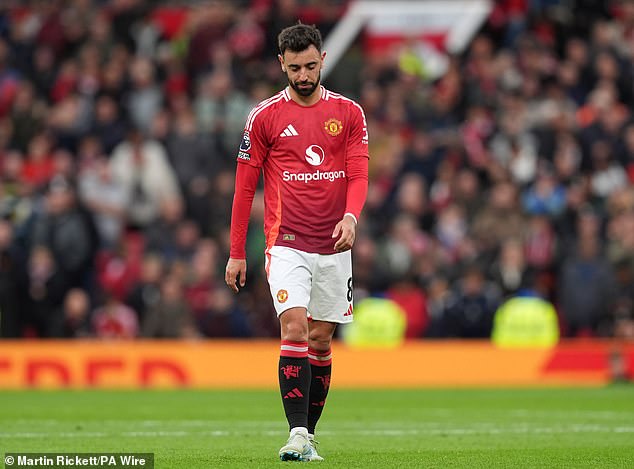 United's Bruno Fernandes was shown a red card in the first half for a dangerous tackle