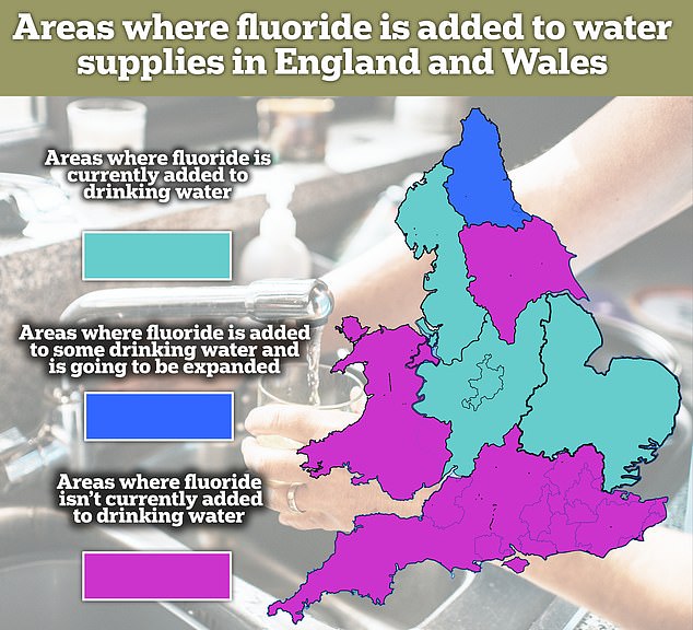 This map shows areas in England and Wales where fluoride is added directly to the drinking water supply. Some areas in Britain have naturally high levels of the mineral in the water and are not shown on this map