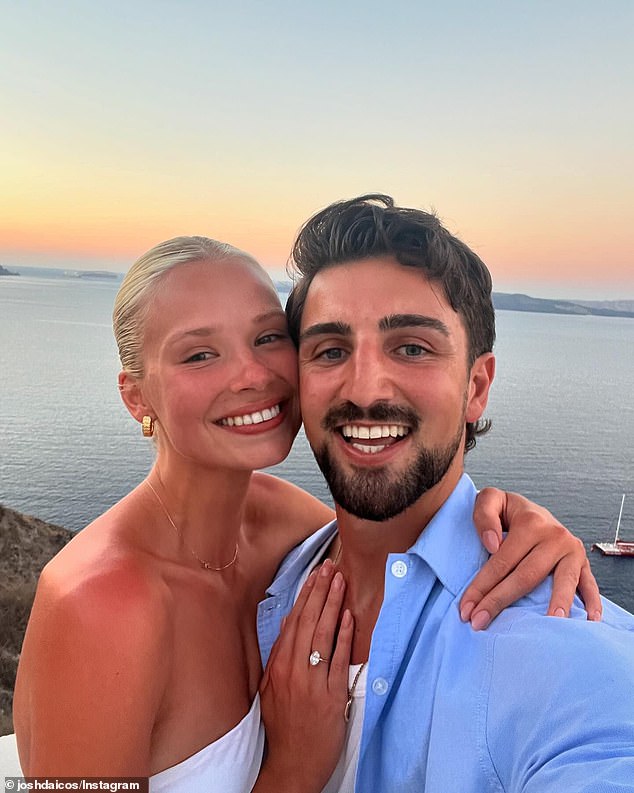 Josh Daicos and his girlfriend Annalise Dalins have announced their engagement. The AFL star, 25, shared the happy news in an Instagram post on Sunday, with his stunning new fiancée, 23, showing off her diamond ring. Both pictured