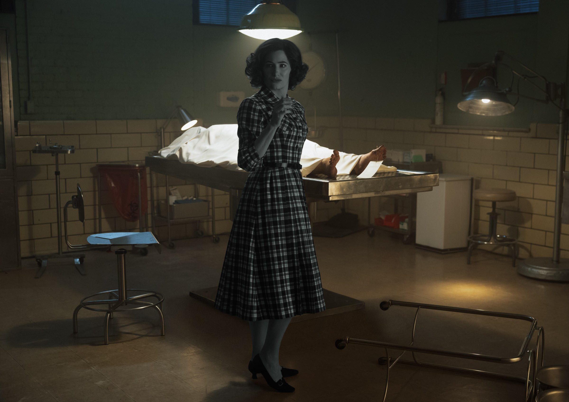 Agatha appears in her black and white Agnes robe at the morgue in Agatha All Along