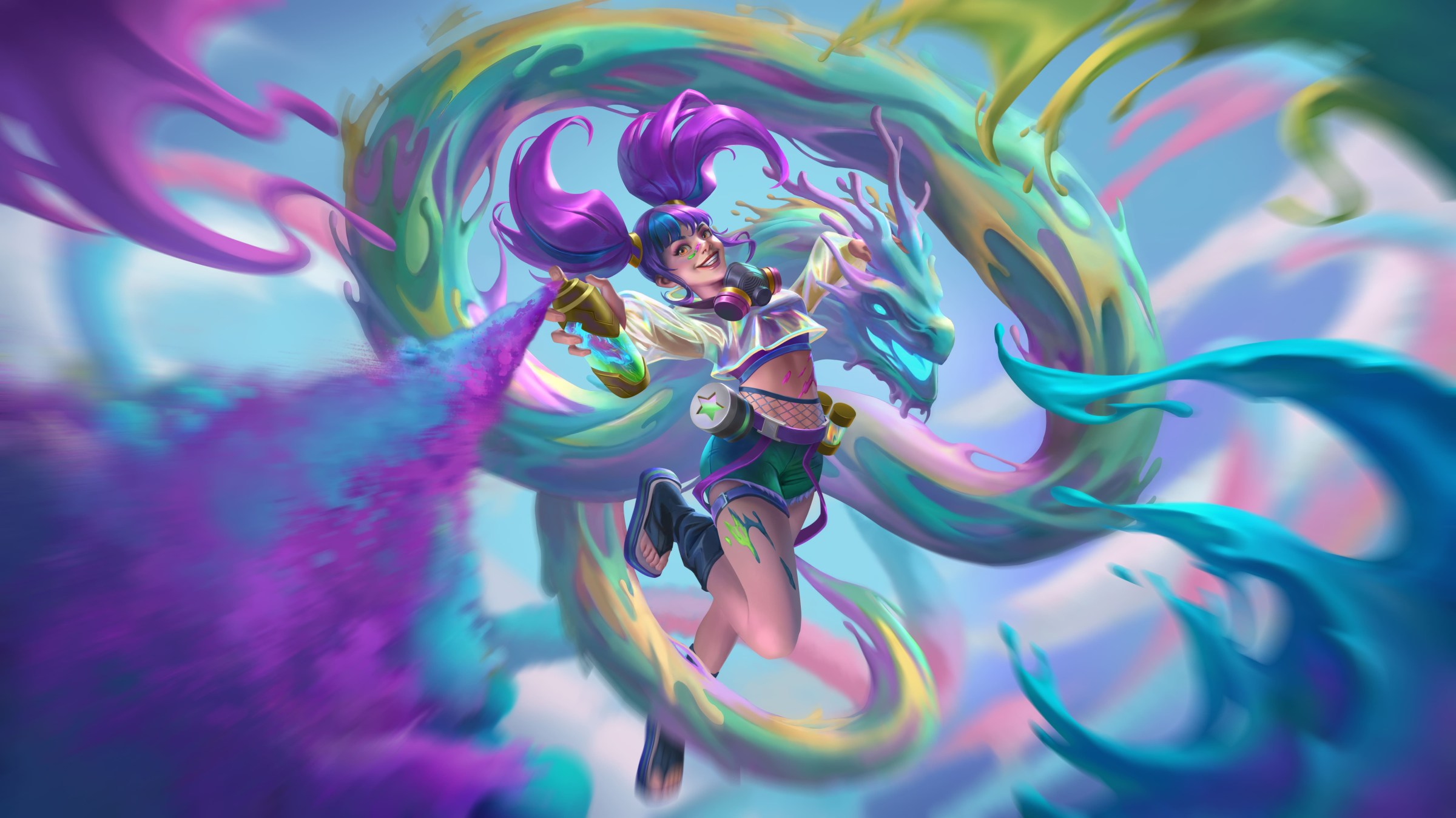 A hero and her companion. The rainbow-colored dragon writhes through the air, while the purple-haired hero goes wild with some spray paint.