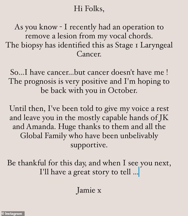 On Tuesday, Jamie shared that he has been diagnosed with stage 1 laryngeal cancer after undergoing surgery to remove an abnormality on his vocal cords