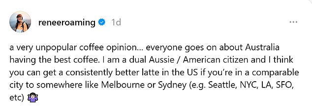 Ms Hahnel said she struggled to find good coffee on a recent trip to Melbourne