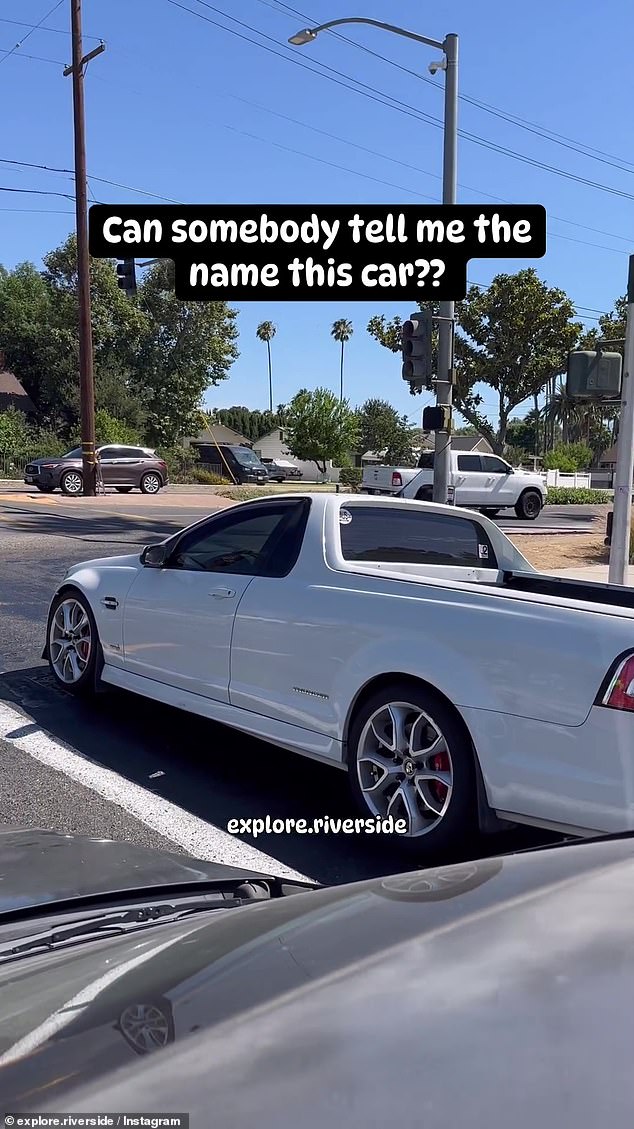 Surprised commentators were quick to point out to the American man that the pickup is a classic Australian model after it was spotted in Riverside, California (pictured)