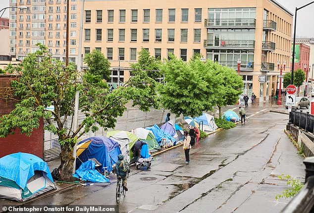 Homeless camps in Old Town Portland on May 14, 2020