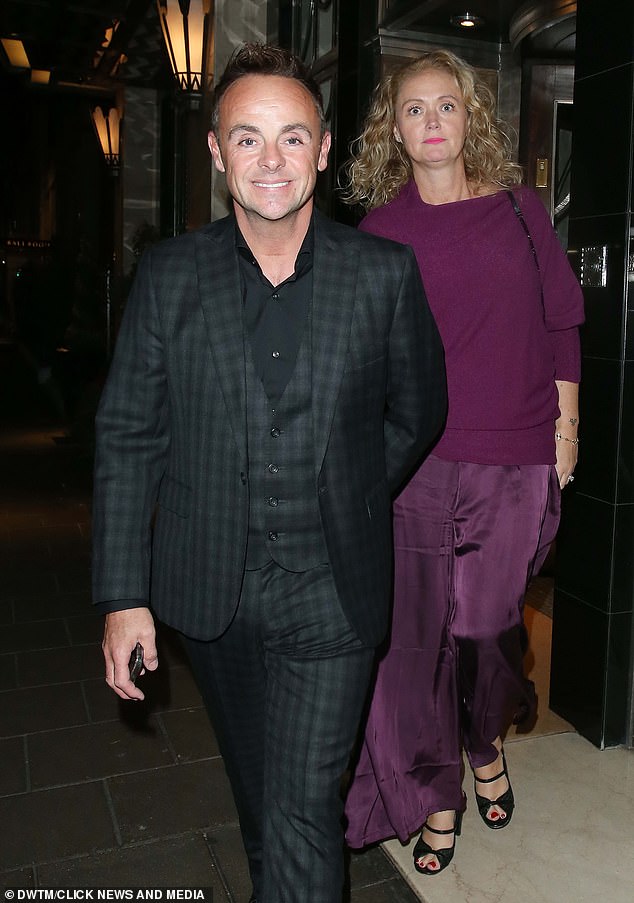 Ant McPartlin appeared in good spirits as he and his wife Anne-Marie Corbett left Claridge's Hotel in Mayfair London on Friday after enjoying a night out with friends