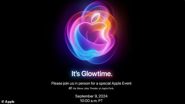 Apple's invitation features the classic Apple logo with a redesigned twist. An animation on the website shows the logo swirling between shades of blue, purple, orange and pink, seemingly referencing the tagline 