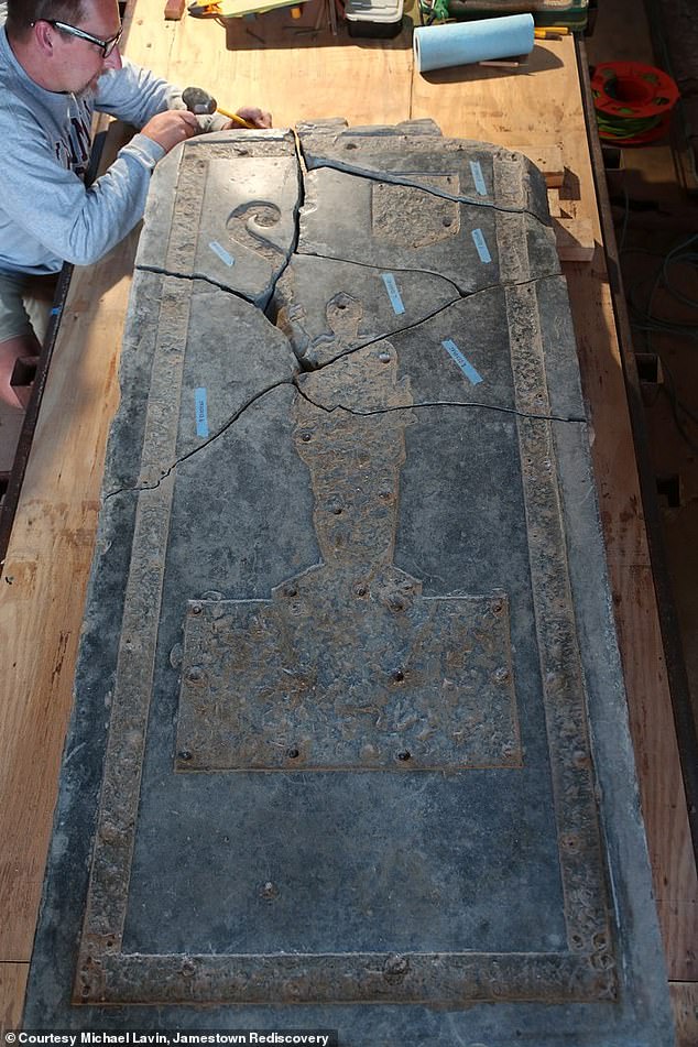 A gravestone found in the Jamestown church showing the silhouette of a knight is believed to have belonged to Sir George Yeardly, a colonial governor of Virginia