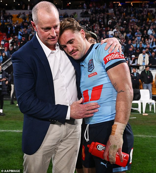 Connor Watson was a bold choice in the eyes of some Blues fans, but Maguire had no doubt the hooker would hold his own in rugby league's toughest arena (pictured, after winning the series in Brisbane)