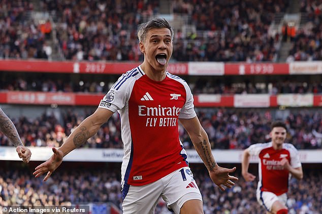 Leandro Trossard (pictured) and Kai Havertz scored in stoppage time to give Arsenal a hard-earned victory