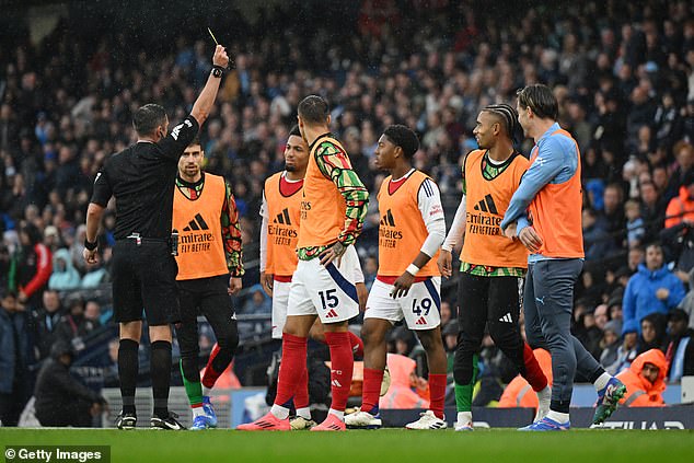 Arsenal youngster Myles Lewis-Skelly was shown a yellow card against Manchester City