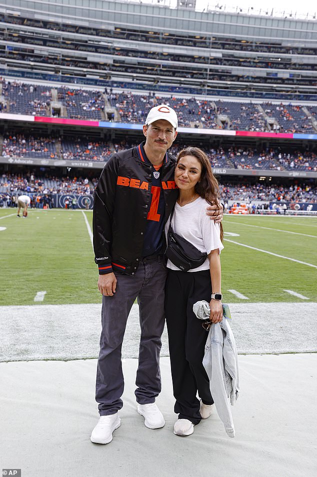 Ashton Kutcher brought this woman Mila Kunis to SoFi Stadium on Sunday to watch his Chicago Bears take on the Los Angeles Rams