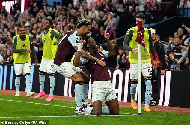 Duran celebrates his third goal of the season with Morgan Rogers in the corner at Villa Park