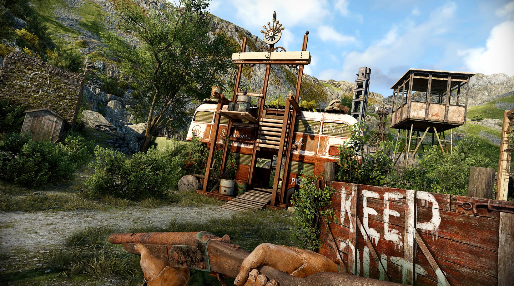 A screenshot from Atomfall shows the player holding a gun and looking at a campsite with the words 