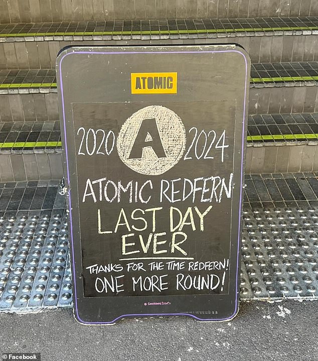 Atomic Beer in Redfern, Sydney, had been operating since 2020 and had a loyal following (pictured is a sign outside the brewery on its final day on Sunday)