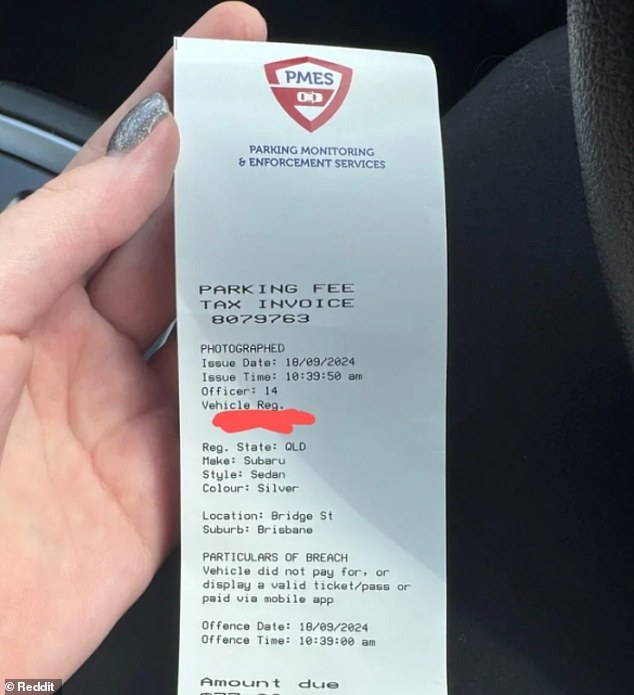 The $77 fine for parking on a private lot posted on Reddit cited a street where the motorist was not parked at all