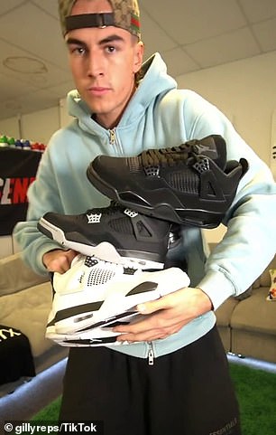 Benjamin Luke Giles (pictured with a stack of fake sneakers) spent $50,000 on counterfeit goods