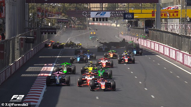 Azerbaijan GP F2 feature race is RED FLAGGED on the opening lap after a HUGE crash involving three drivers on the start line