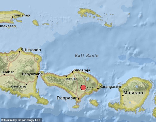 The Ubud district (pictured with the red dot) on the holiday island of Bali has been hit by an earthquake measuring 5.1 on the Richter scale